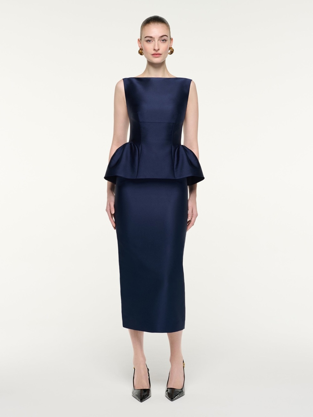 NWOT Roland Mouret Sleeveless Peplum Column Midi Dress in Navy, Size US 6